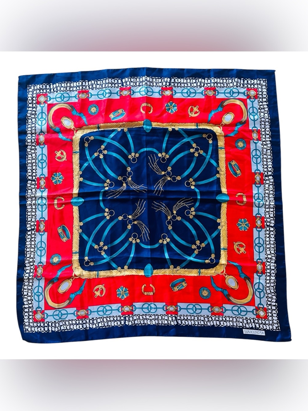 Vintage Sun Kyung Sa Silk Scarf Navy Red Equestrian Jewelry Belt Print Square